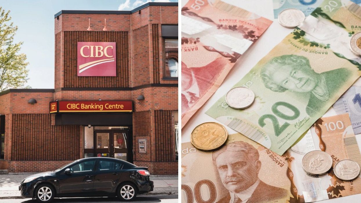A Canadian bank. Right: Canadian dollars.
