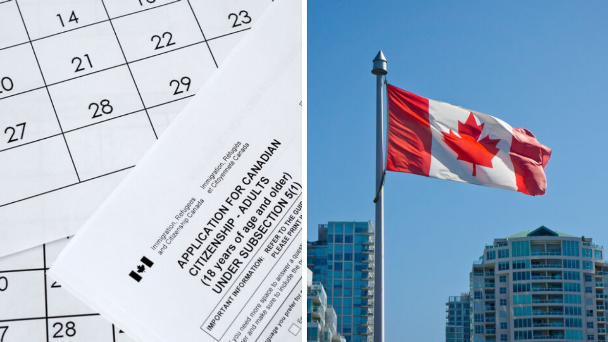 A Canadian citizenship application. Right: A Canadian flag.