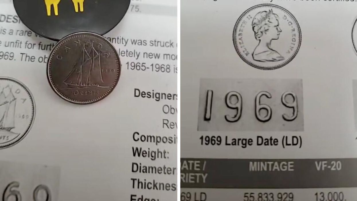A Canadian dime. Right: A print of a Canadian dime worth up to $24,000.