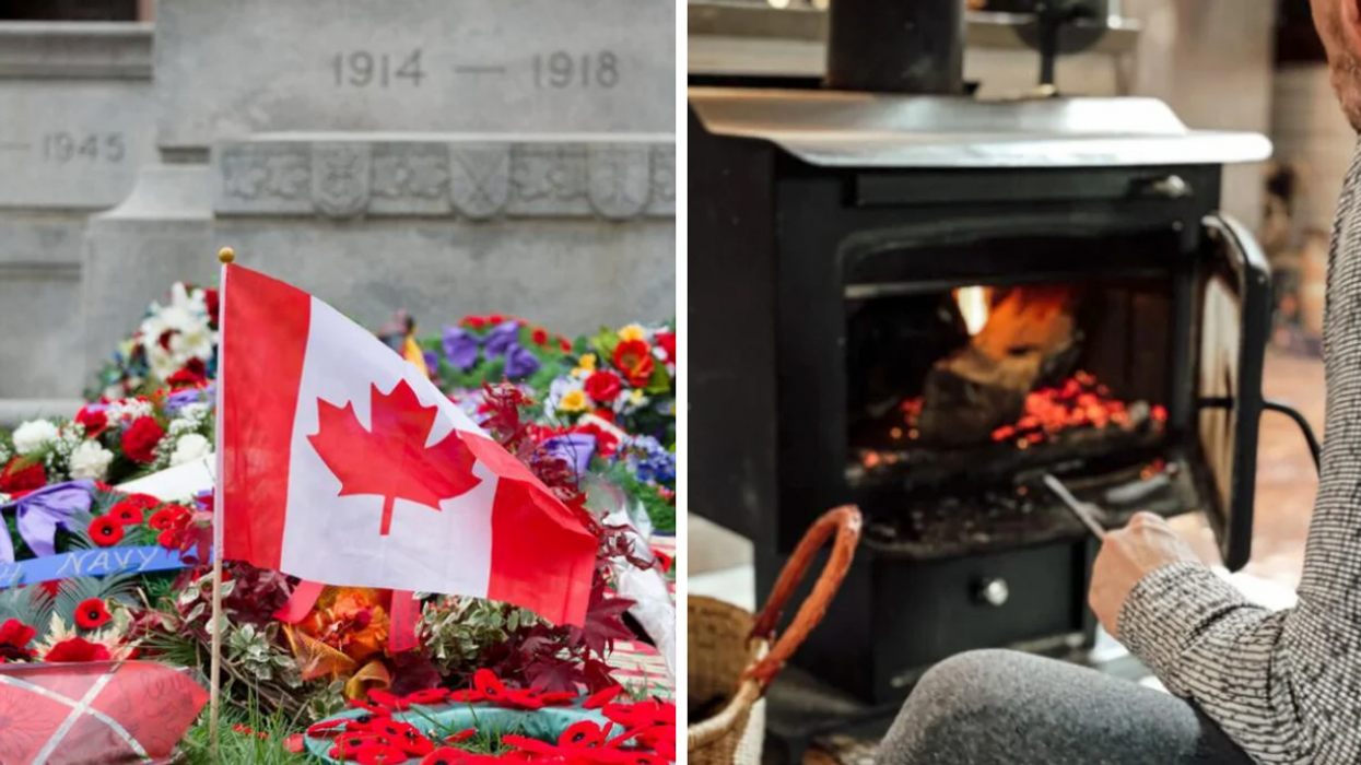 A Canadian flag and poppies in front of a cenotaph. Right: A rustic Airbnb in Sechelt, B.C.