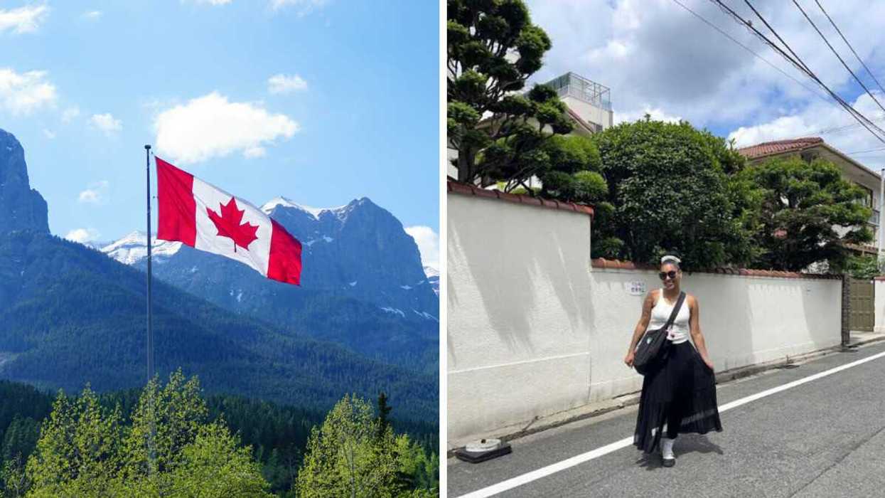 A Canadian flag blows in the wind. Right: A woman smiles and poses on a residential street.
