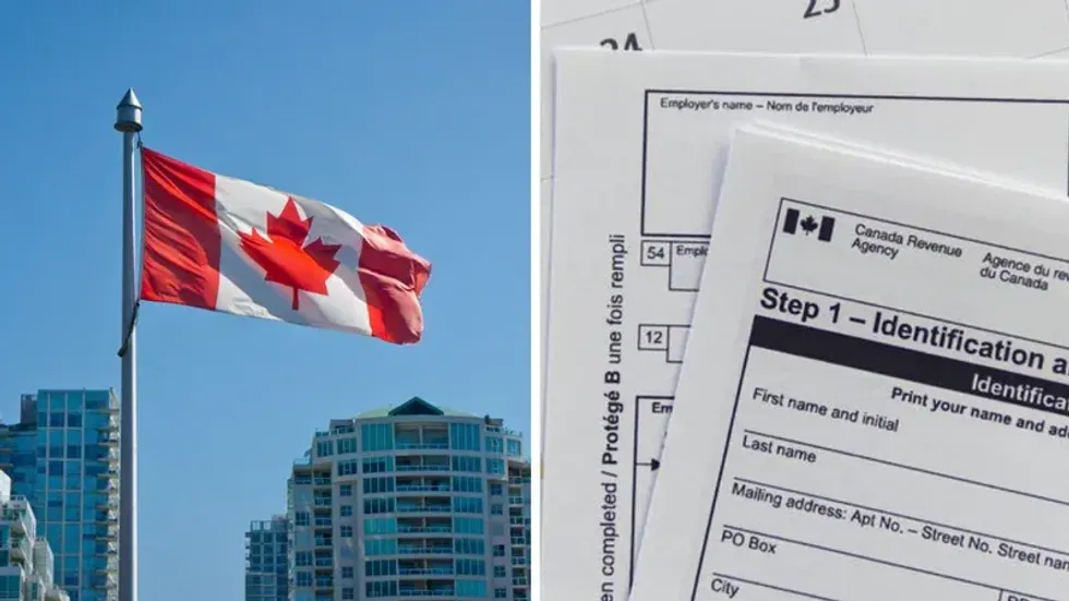 A Canadian flag flies over Vancouver. Right: Canadian tax forms lie unfilled.