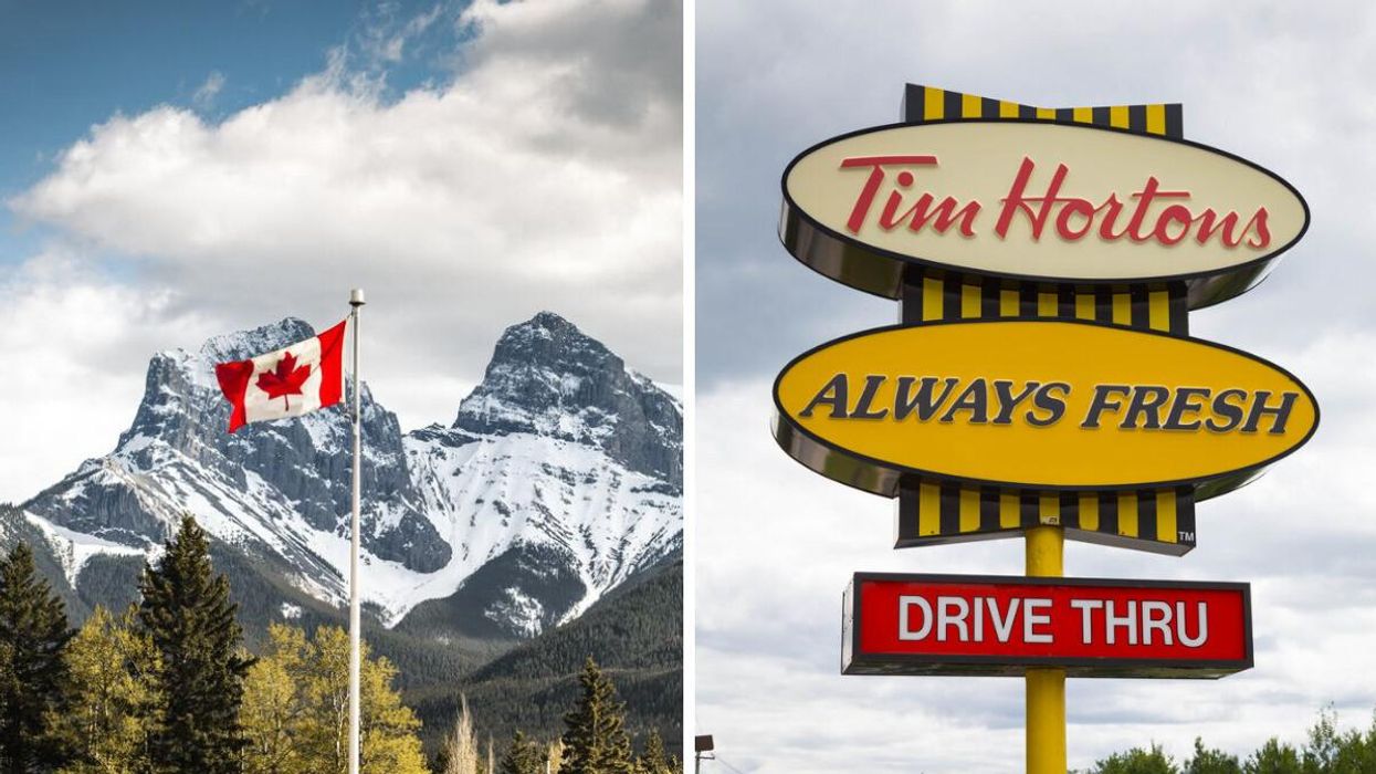 A Canadian flag in front of mountains. Right: A Tim Hortons sign.