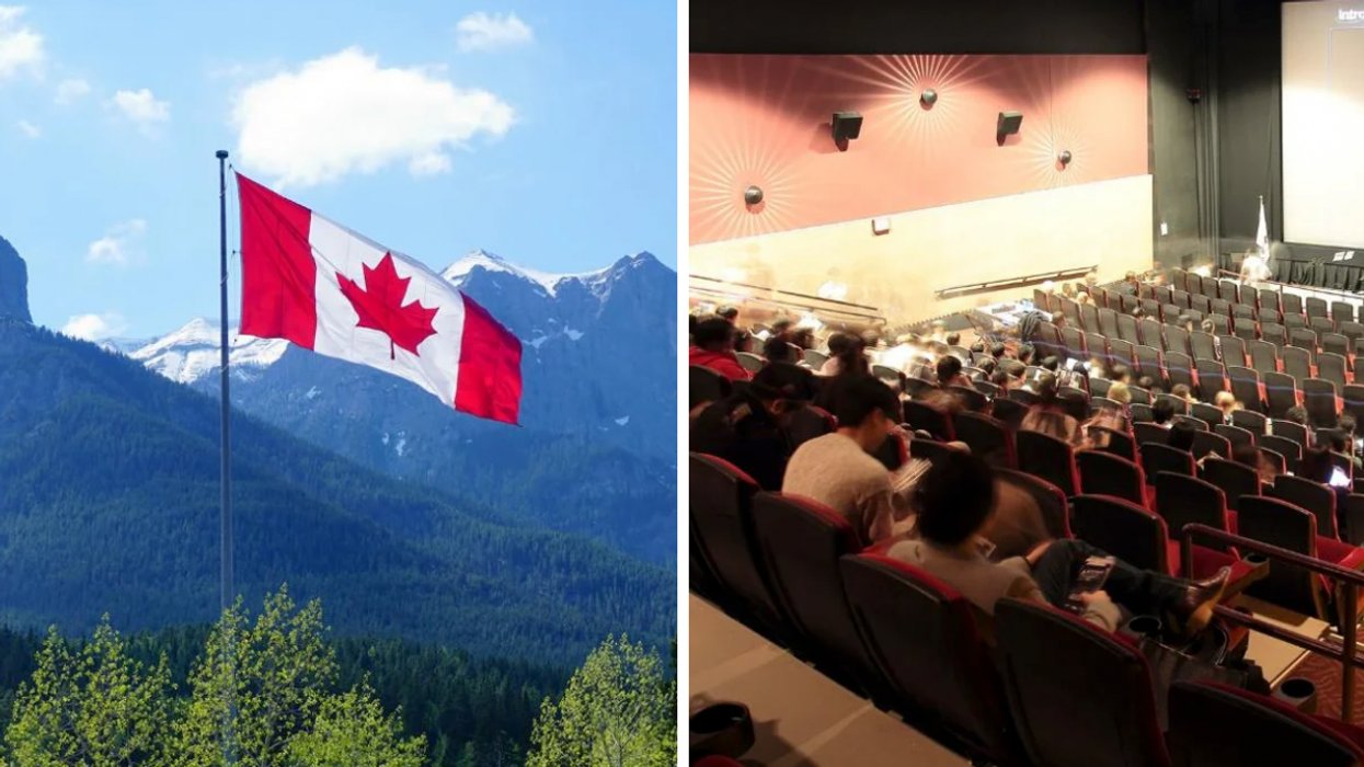 A Canadian flag in the mountains. Right: A movie screening in Toronto.