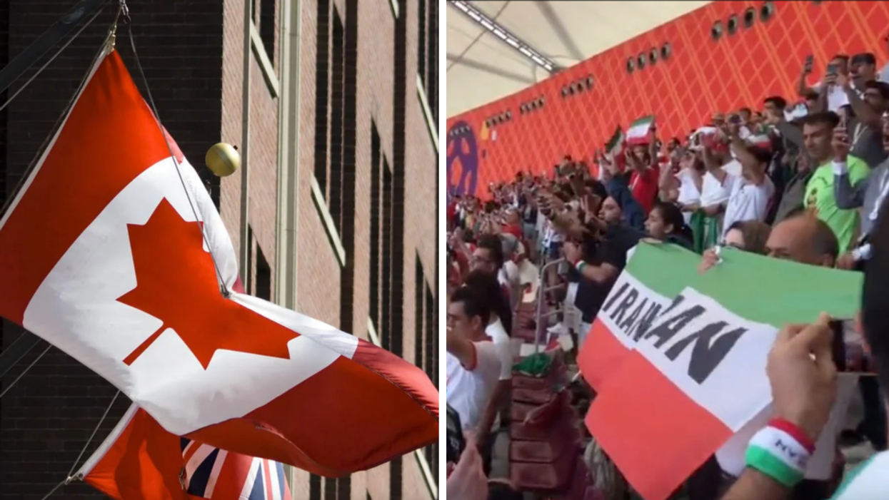 A Canadian flag on a government building. Right: A crowd booing before Iran's World Cup match.