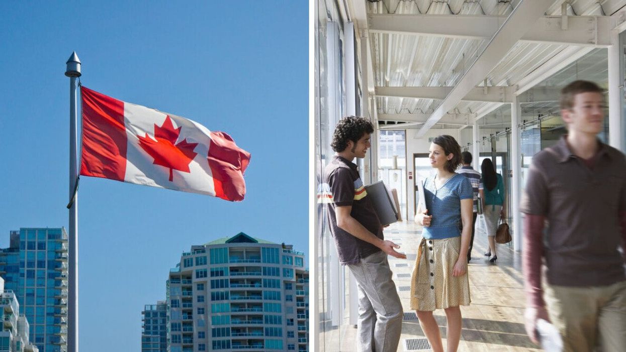 A Canadian flag. Right: A man talking to a woman.