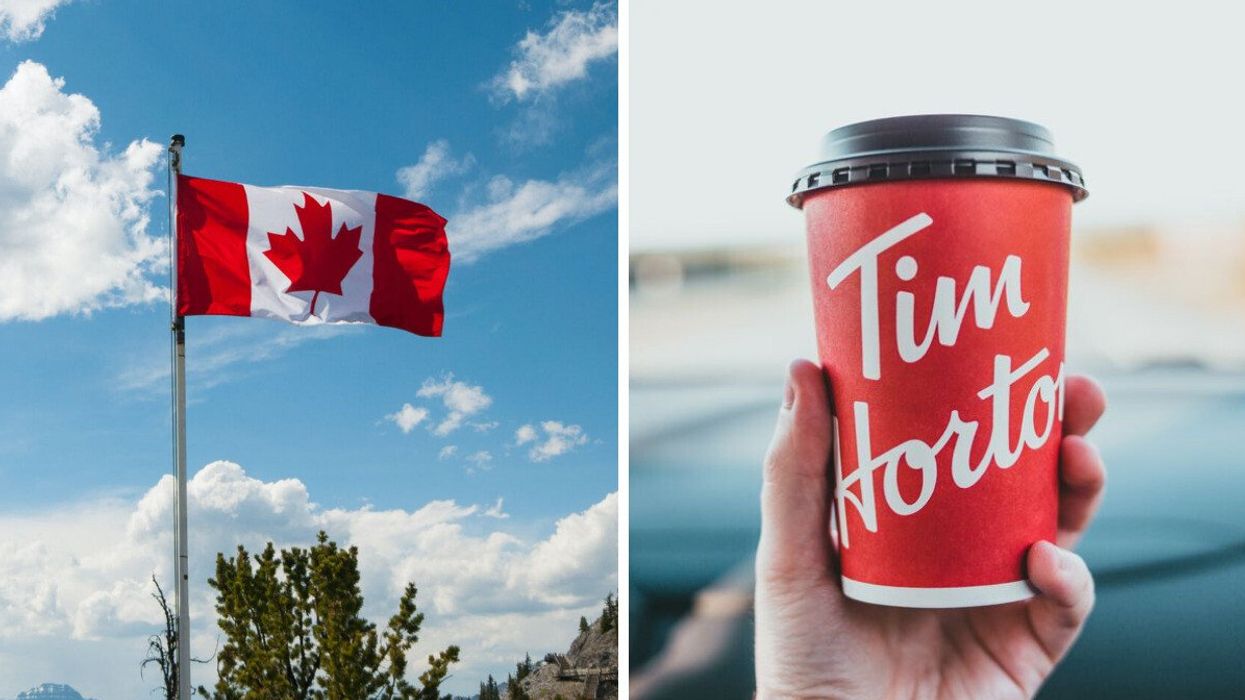 A Canadian flag. Right: A person holds a Tim Hortons cup.