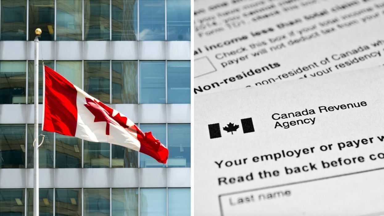 A Canadian flag. Right: An income tax return form.