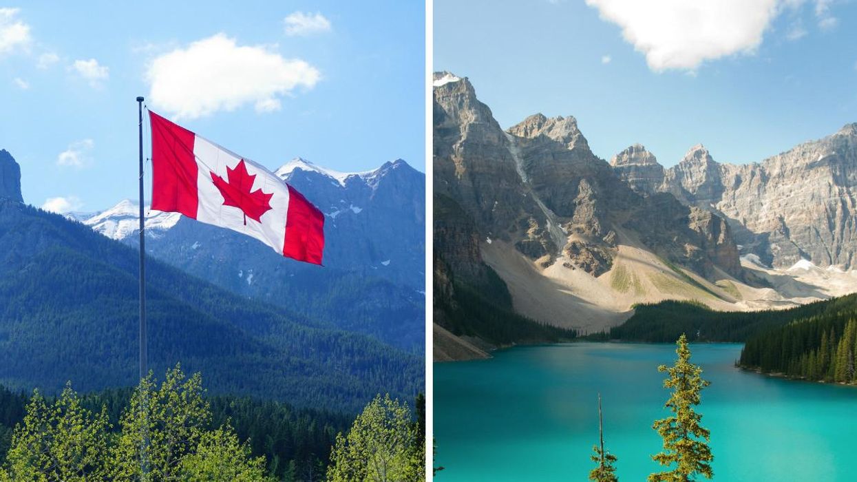 A Canadian flag. Right: Moraine Lake, Canada.