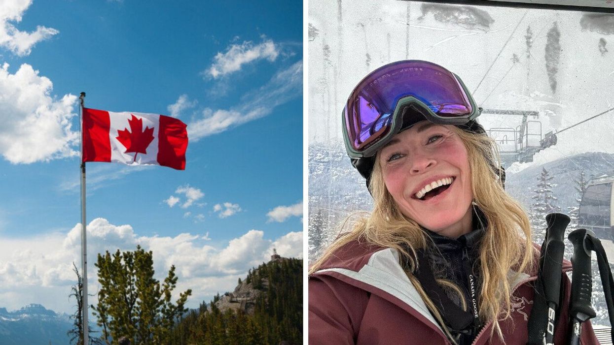 A Canadian flag with mountain views and blue skies. Right: A woman on a ski lift with ski goggles and ski poles smiling at the camera.