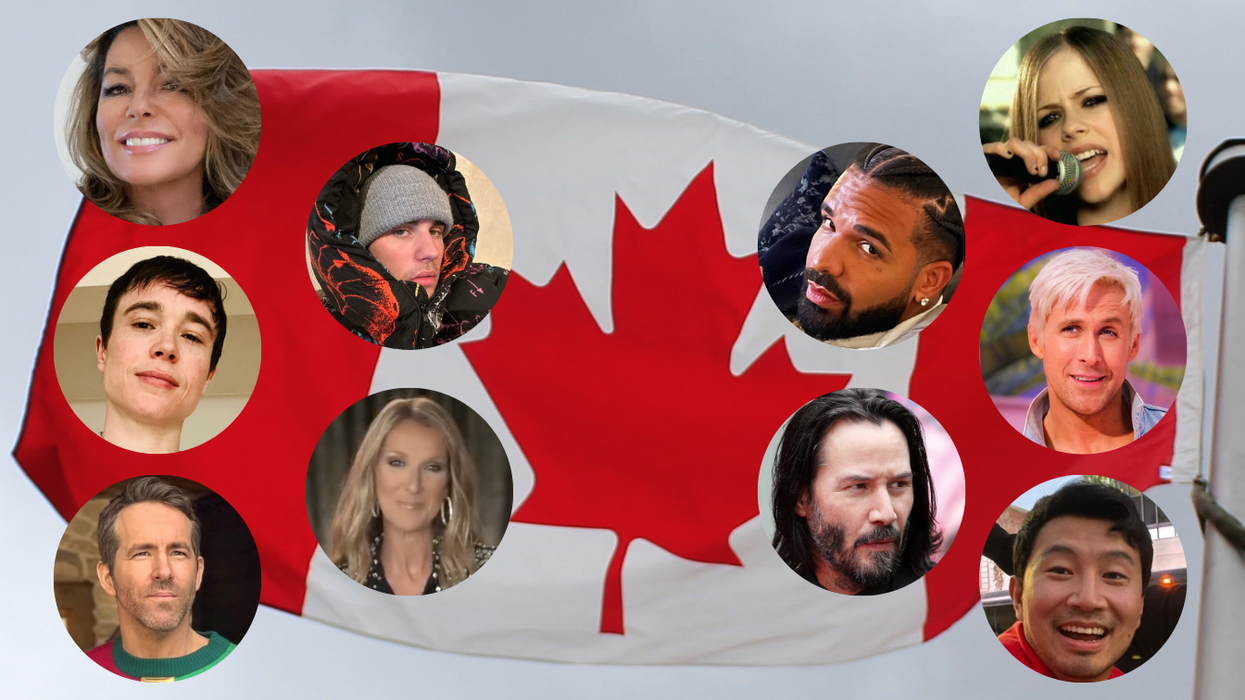 A Canadian flag with Shania Twain, Elliot Page, Ryan Reynolds, Justin Bieber, Celine Dion, Drake, Keanu Reeves, Avril Lavigne, Ryan Gosling and Simu Liu.