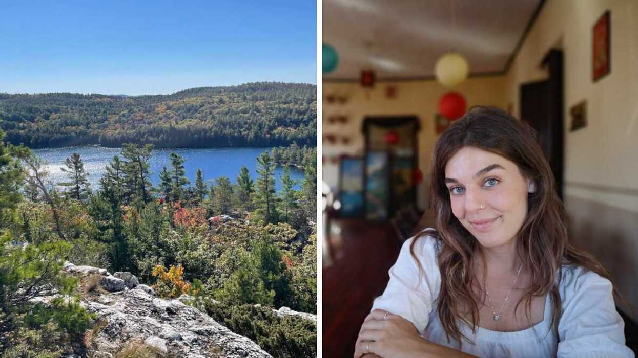 A Canadian forest showing granite rock, foliage, and a lake. Right: A person smiling.