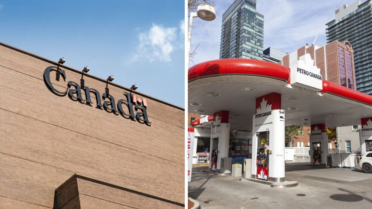 A Canadian government building. Right: A Petro-Canada gas station.