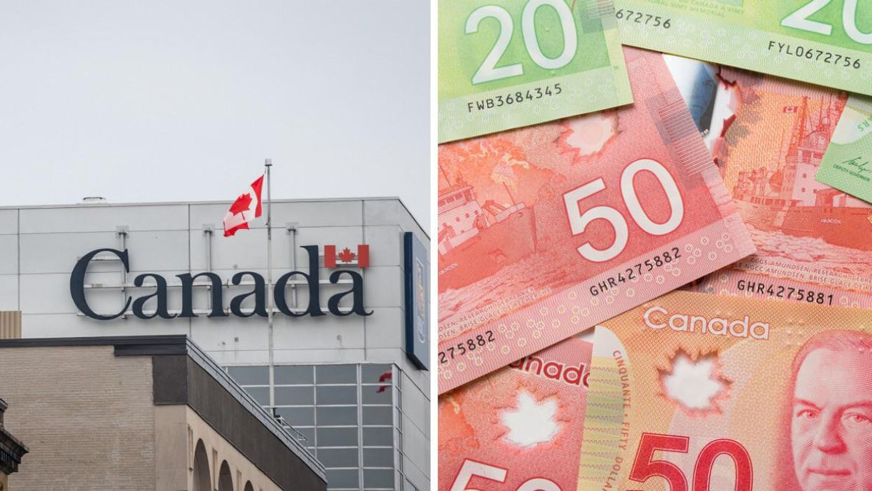 A Canadian government building. Right: A pile of Canadian bills.