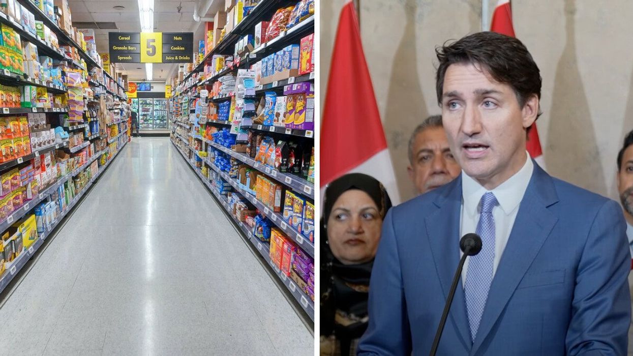 A Canadian grocery store. Right: Justin Trudeau (illustrative).