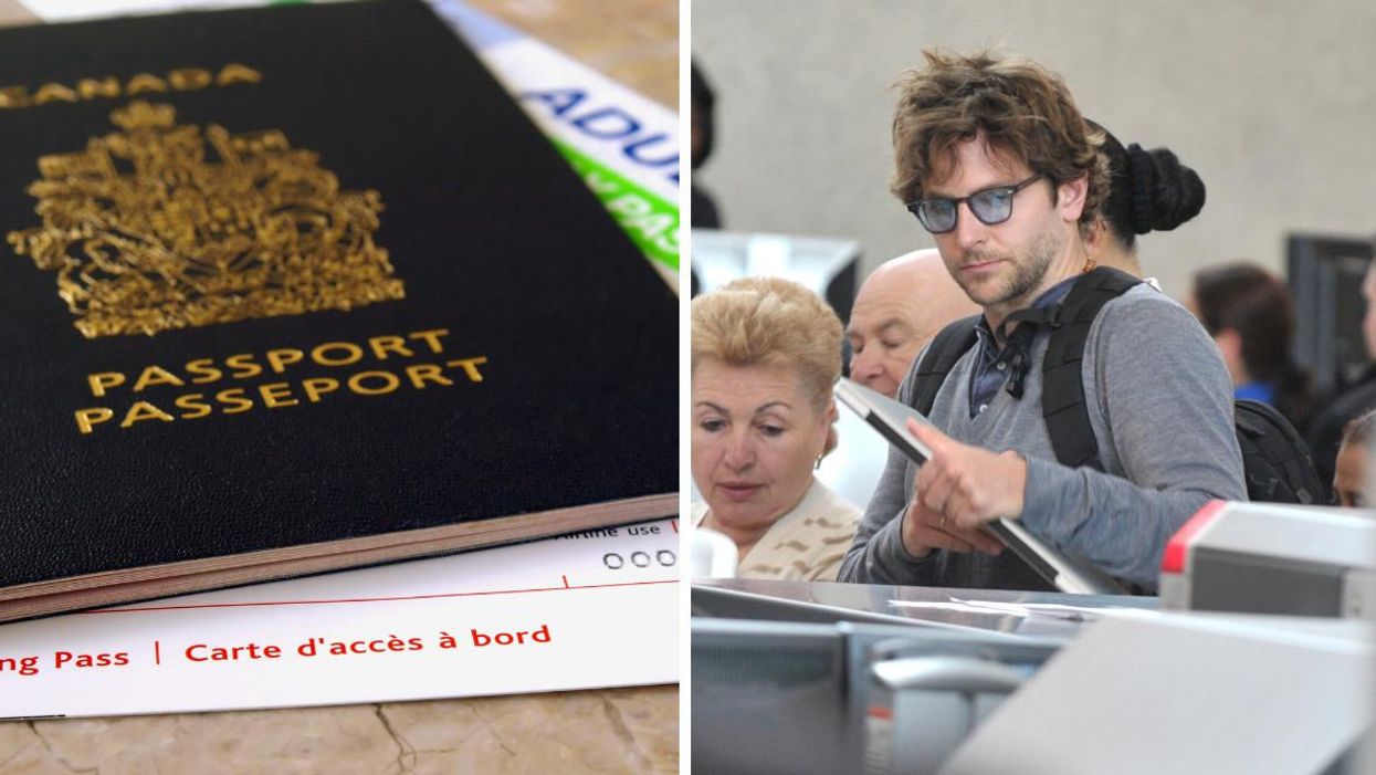 A Canadian passport and a boarding pass. Right: Bradley Cooper