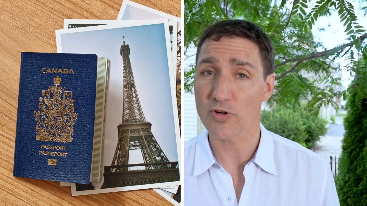 A Canadian passport placed beside photos of the Eiffel Tower. Right: Prime Minister Justin Trudeau.