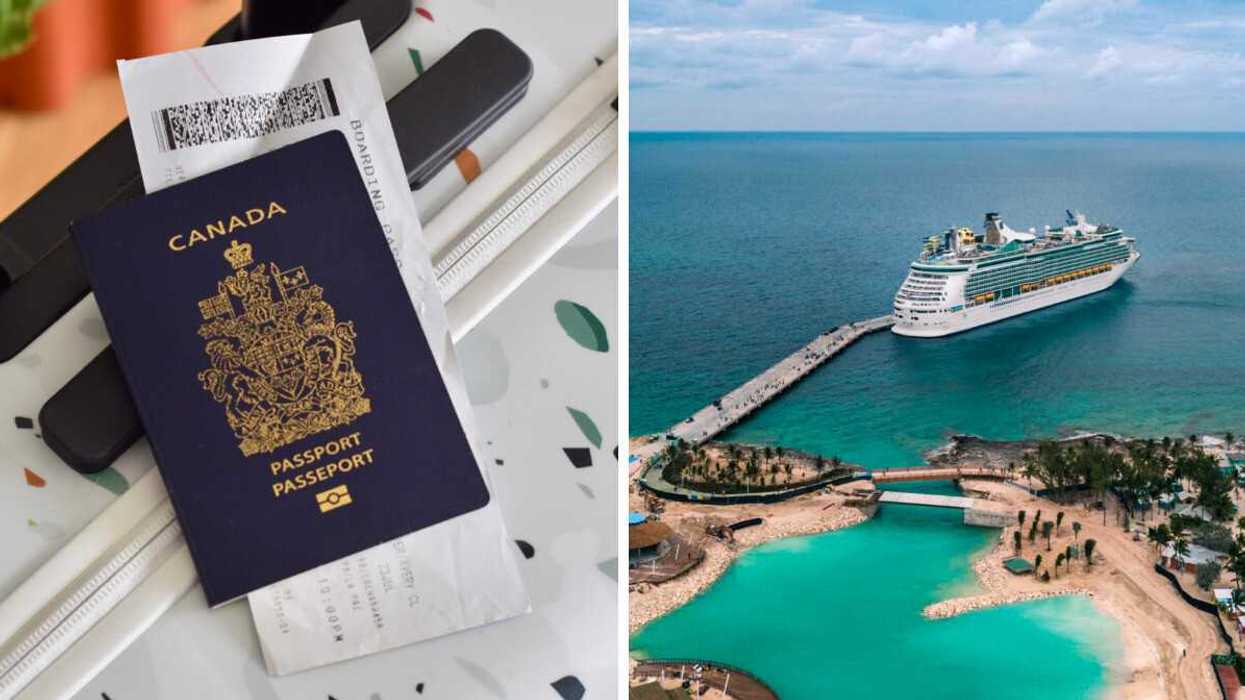 A Canadian passport rests on a patterned suitcase. Right: A cruise ship docked near an island in The Bahamas.