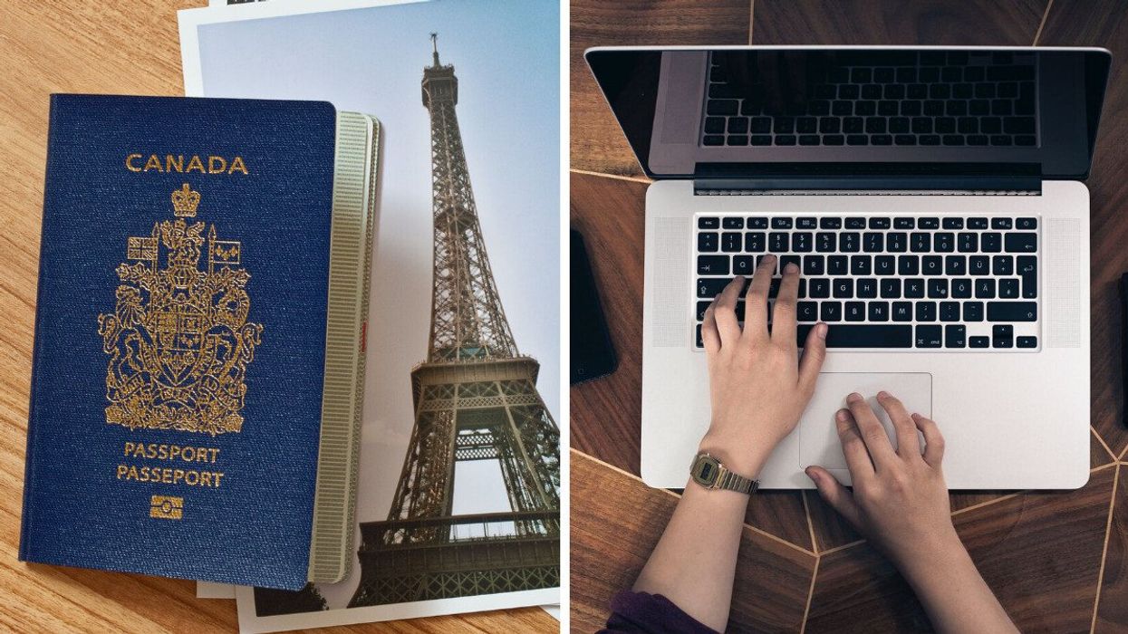 A Canadian passport. Right: A person types on a laptop.