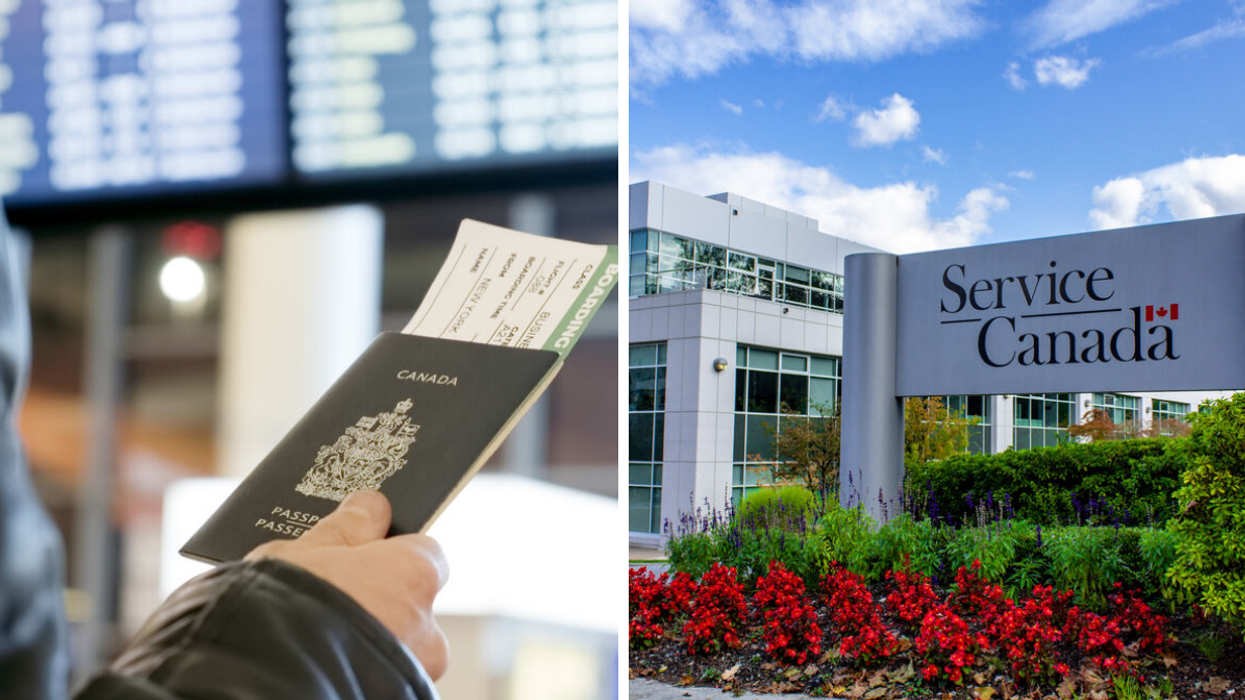 A Canadian passport. Right: A Service Canada centre.