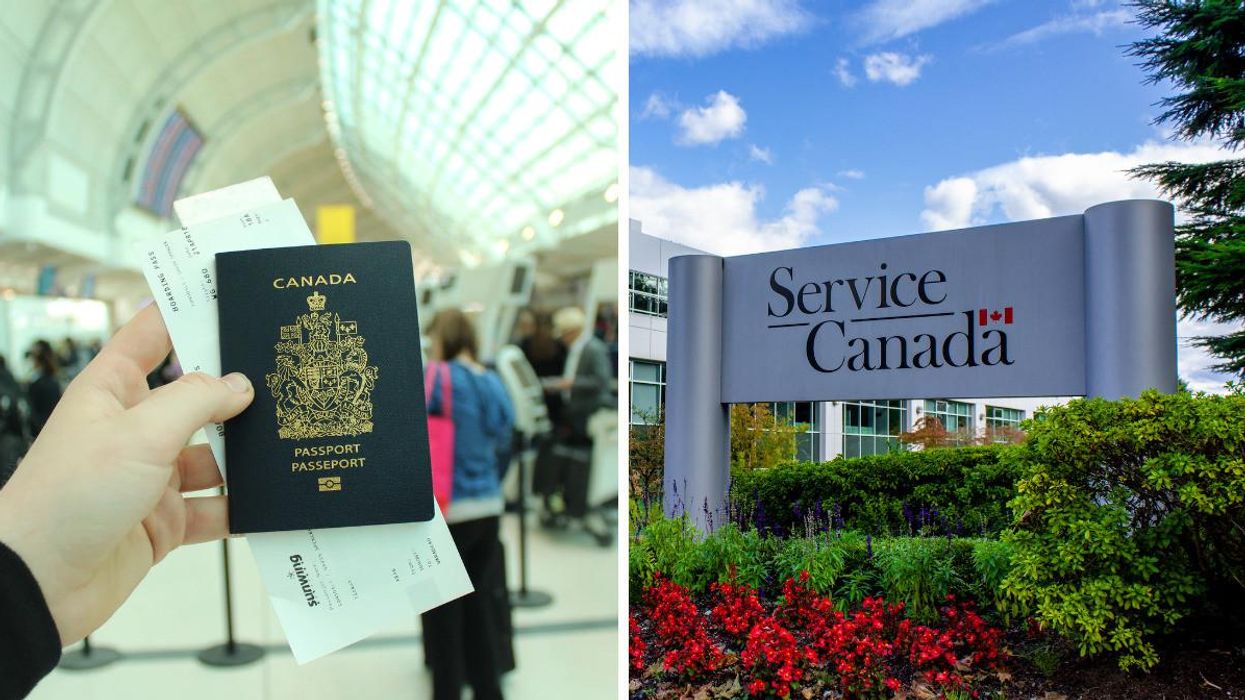 A Canadian passport. Right: A Service Canada sign.