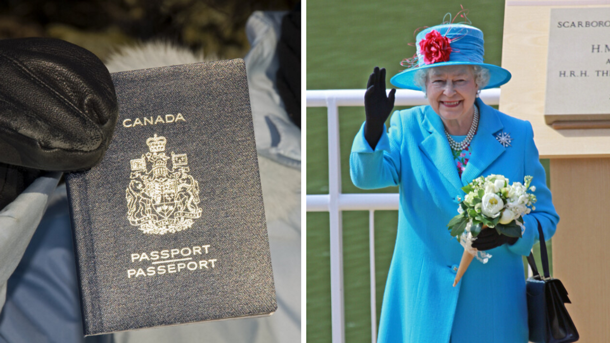 A Canadian passport. Right: Queen Elizabeth II.