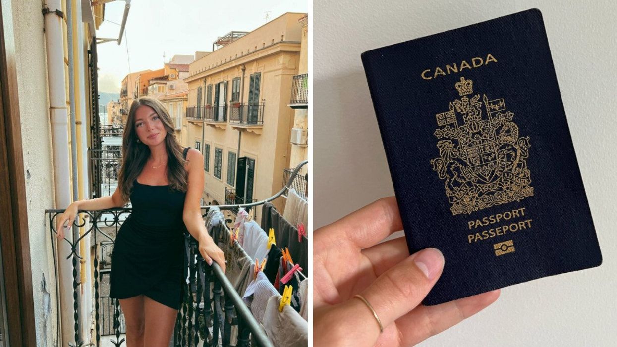 A Canadian passport. Right: Someone walking with a suitcase.