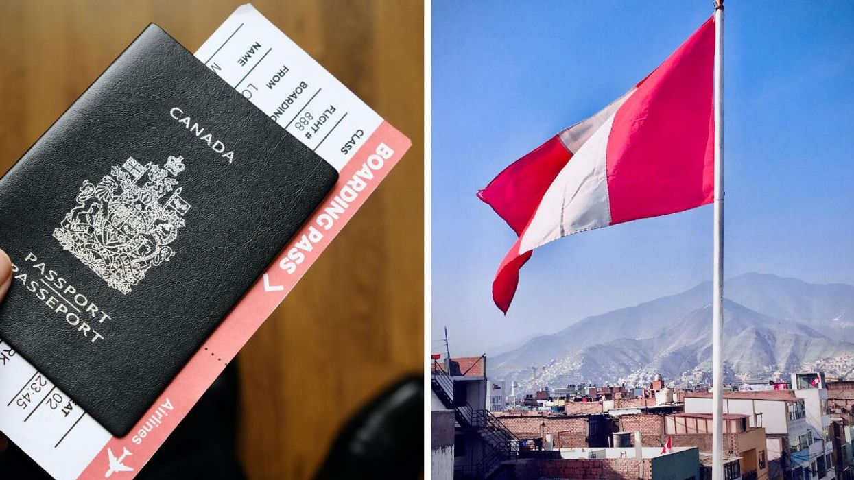 A Canadian passport. Right: The flag of Peru.