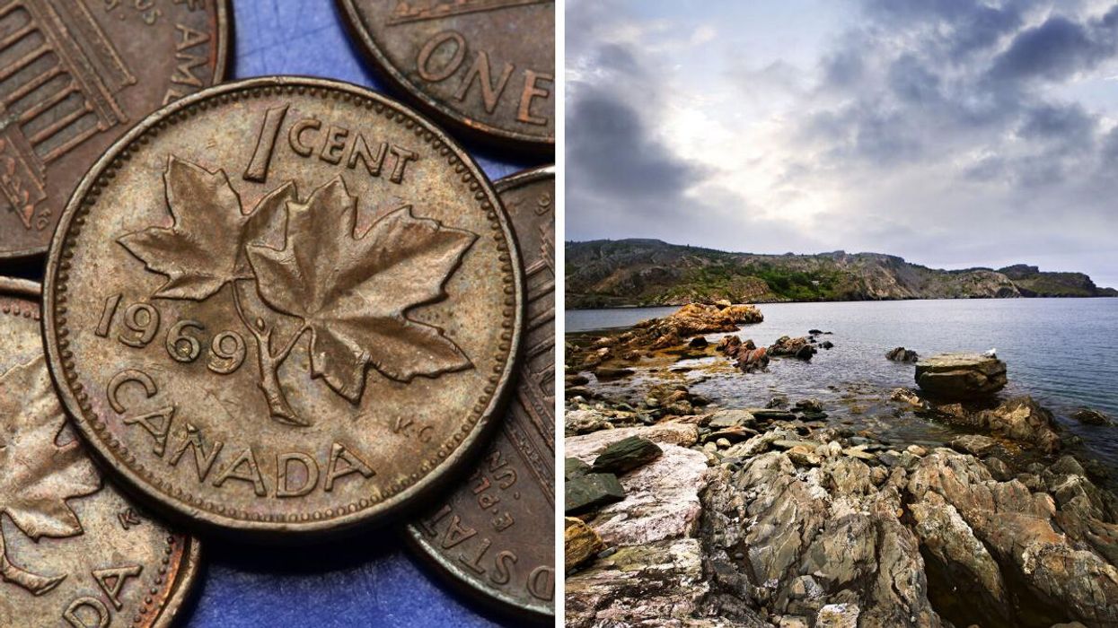 A Canadian penny. Right: The Newfoundland coast.