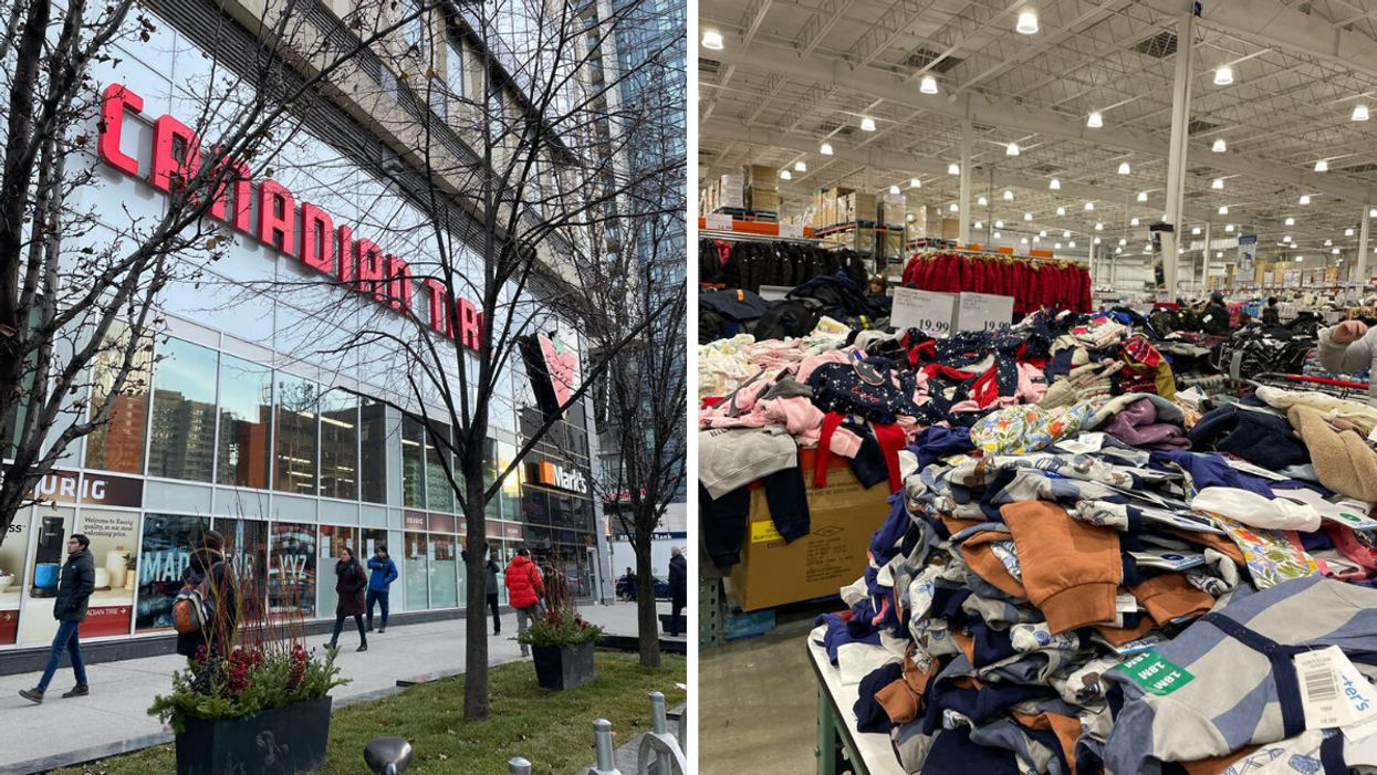 A Canadian Tire in Toronto. Right: Clothes in Costco.