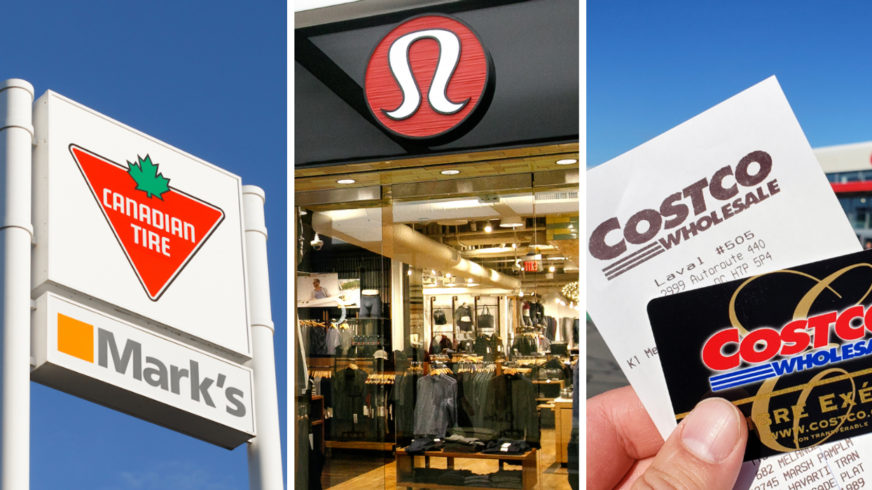 A Canadian Tire sign. Middle: A lululemon store. Right: A Costco card and receipt.