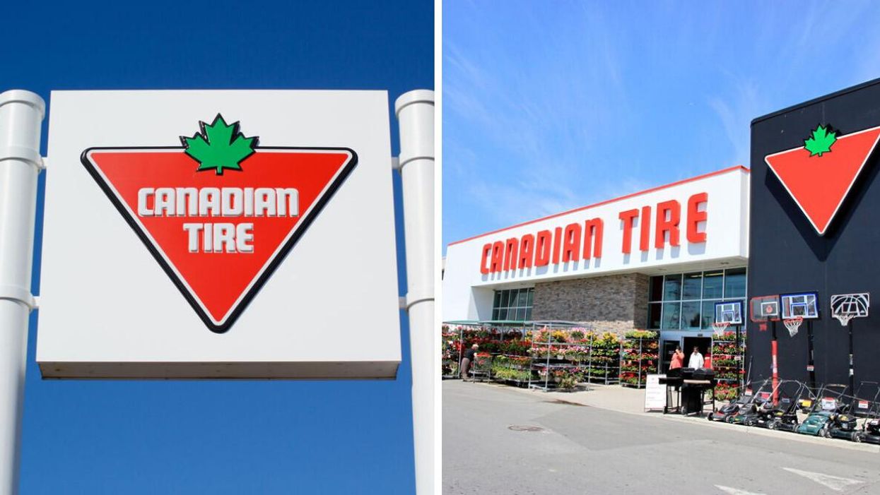 A Canadian Tire sign. Right: A Canadian Tire store.