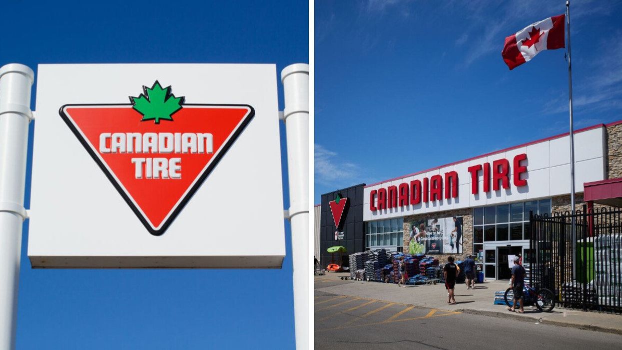 A Canadian Tire sign. Right: A Canadian Tire store.