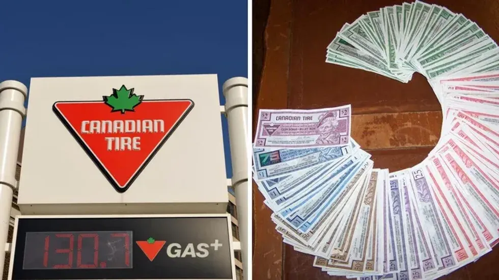 A Canadian Tire sign. Right: Canadian Tire money.