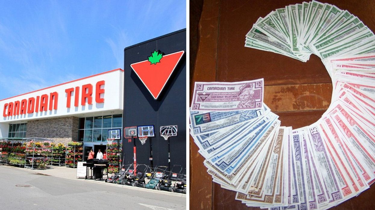 A Canadian Tire store. Right: A wheel of Canadian Tire money.