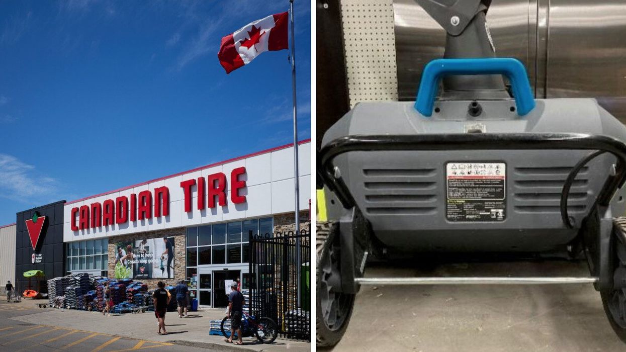 A Canadian Tire store. Right: An impacted snowblower.