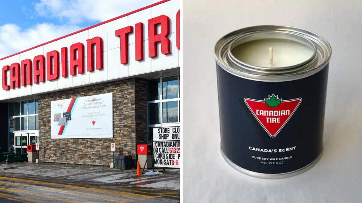 A Canadian Tire store. Right: The Canadian Tire "Canada's Scent" candle.