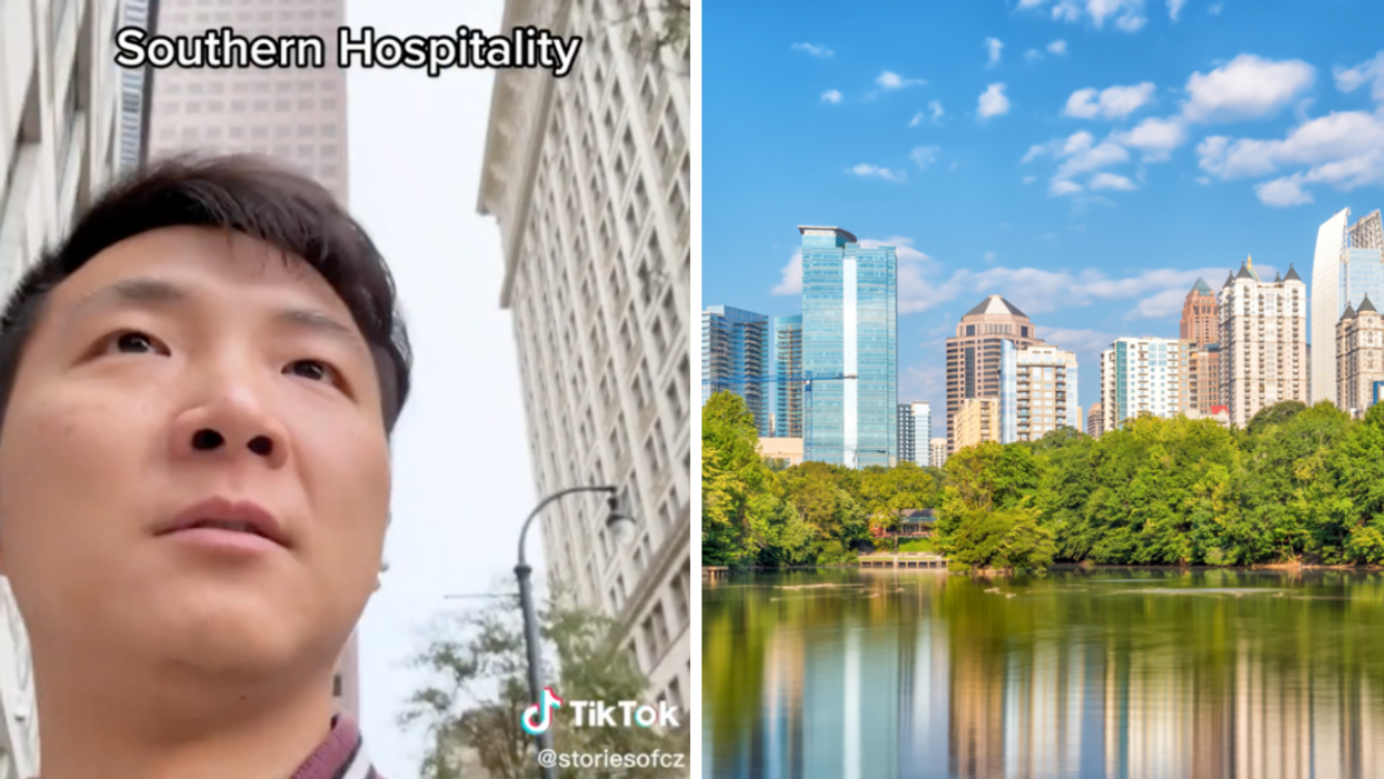 A Canadian traveling to Atlanta. Right: The Atlanta skyline.