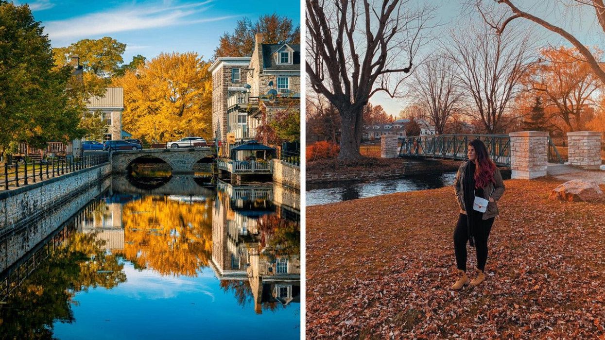 A canal during fall. Right: A person standing in a park.