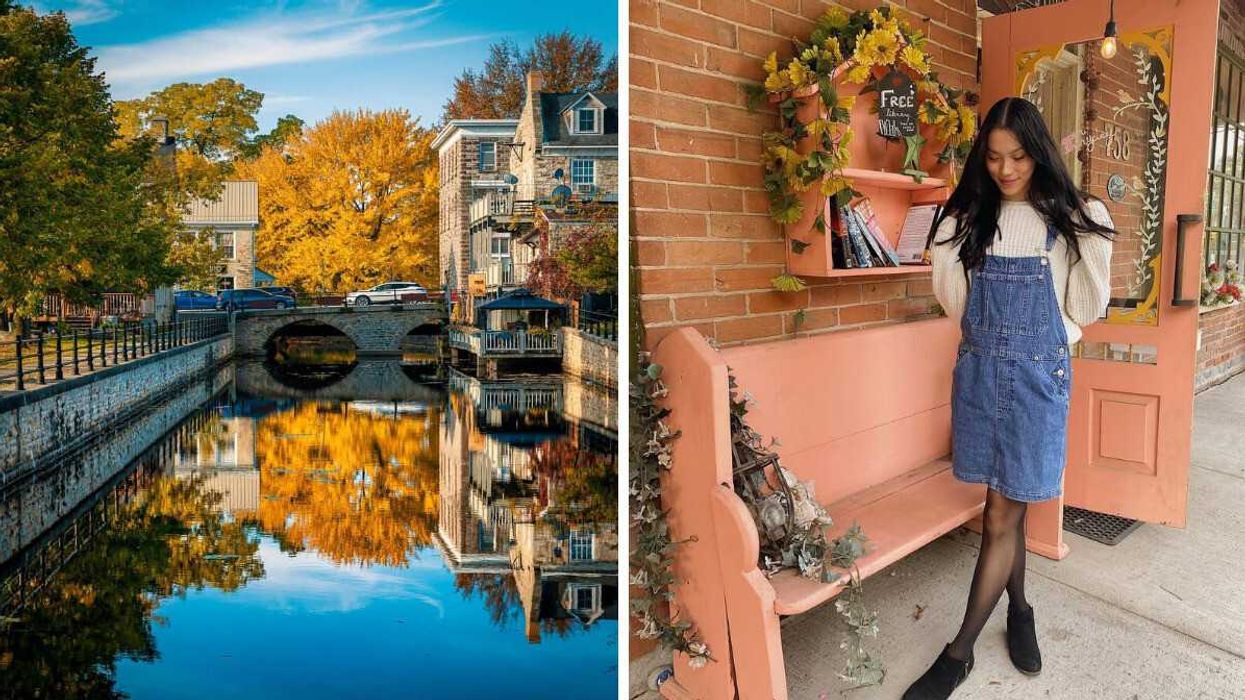 A canal reflecting fall colours. Right: A person standing outside a store.