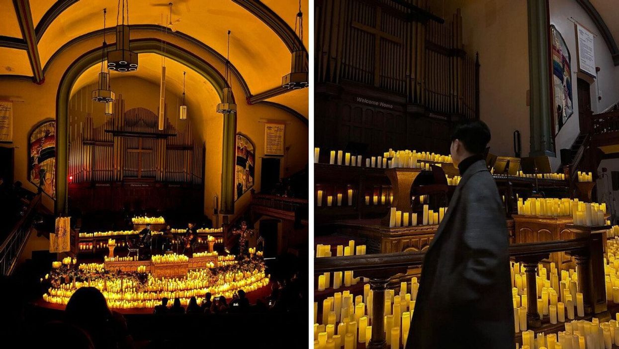 A candlelight concert at a church in Toronto. Right: A person at a candlelight concert in Toronto.