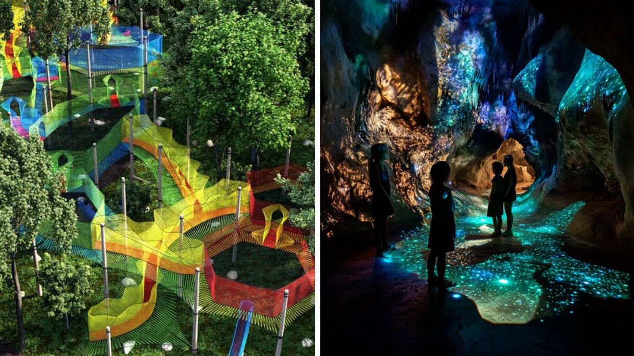 A canopy playground amidst the trees. Right: People standing in a glowling cave.