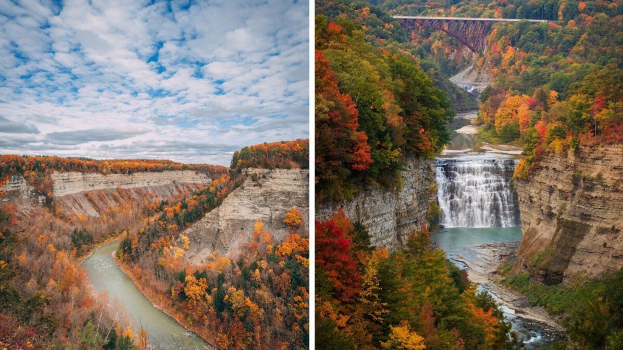 A canyon and river during the fall. Right: A waterfall during the fall.