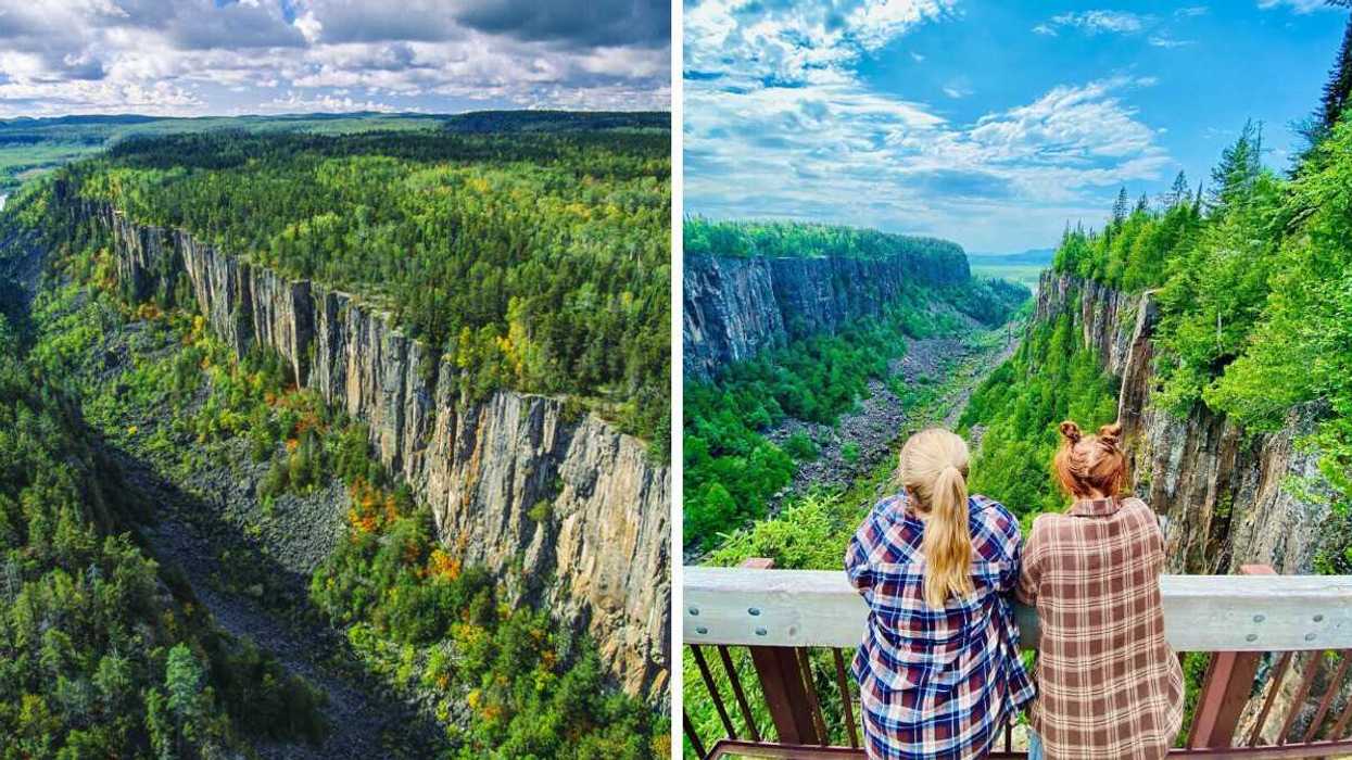 A canyon with trees. Right: People looking over a canyon.