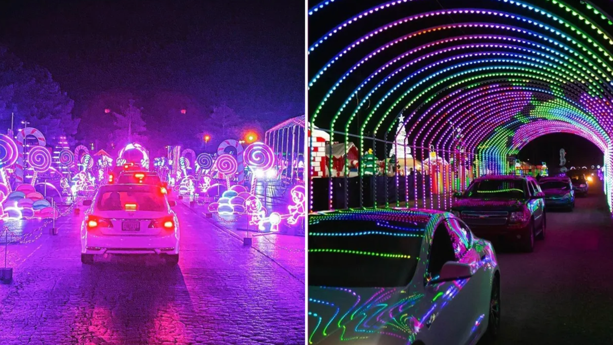 A car at World Of Illumination in Marietta in 2020. Right: The drive-through light show.