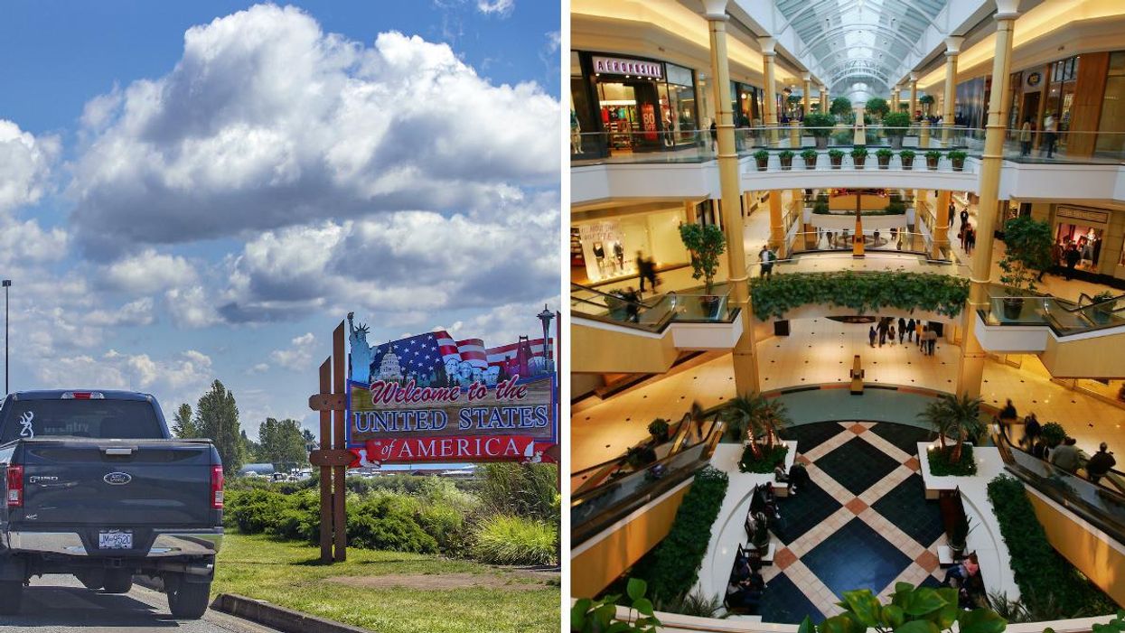 A car beside a "Welcome to the United States of America" sign. Right: A large shopping mall in the U.S.