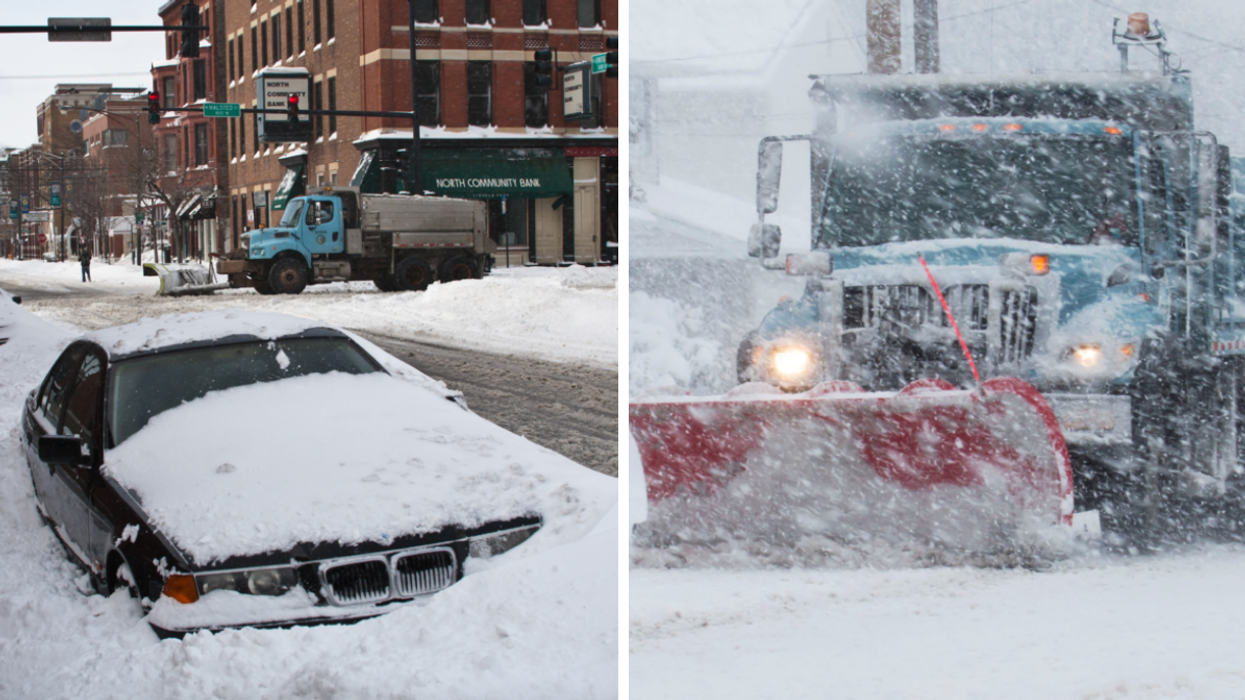 A car covered in snow. Right: A snow plow.