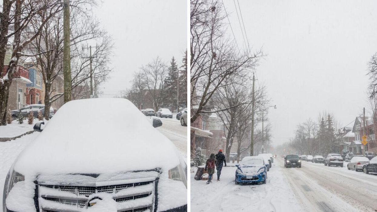 A car covered in snow. Right: Two people walking on a snowy street.