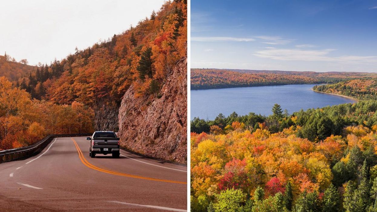 A car drives along a road on Cape Breton Island, Nova Scotia. Right: Fall foliage in Algonquin Provincial Park, Ontario.