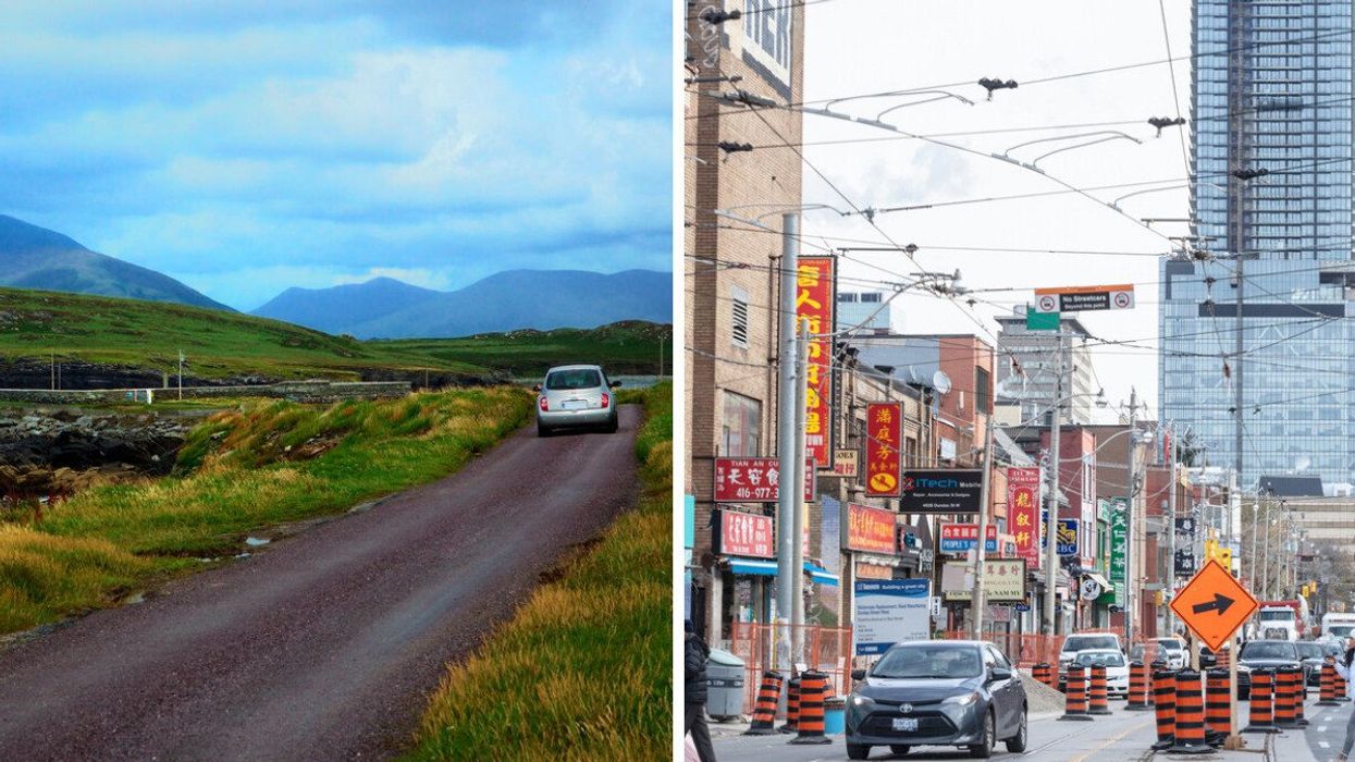 A car driving in the countryside in County Kerry, Ireland. Right: A car driving through Chinatown in Toronto.